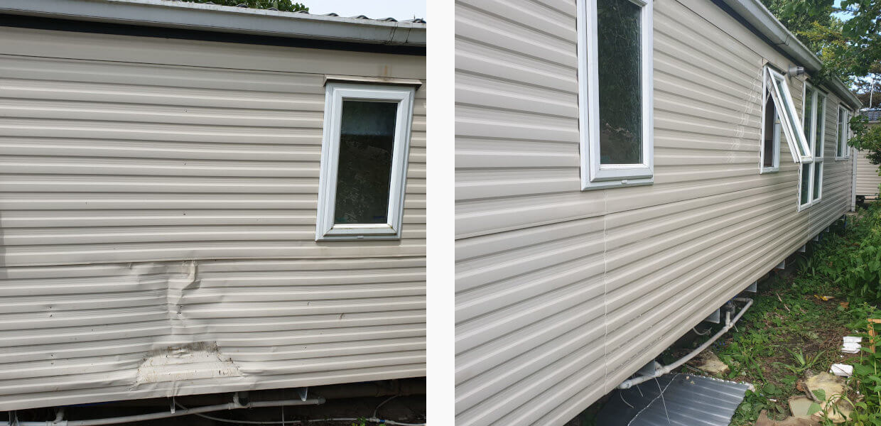 Mobile Home side panelling dent repairs, Suffolk and Essex